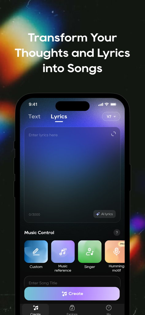 Mureka - AI Music Generator - Murekaアプリのインターフェース。思考や歌詞をAI生成曲に変えるためのもの