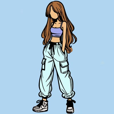 girl in baggy pants crop top and long hair