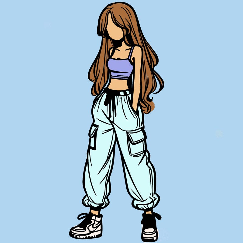 girl in baggy pants crop top and long hair