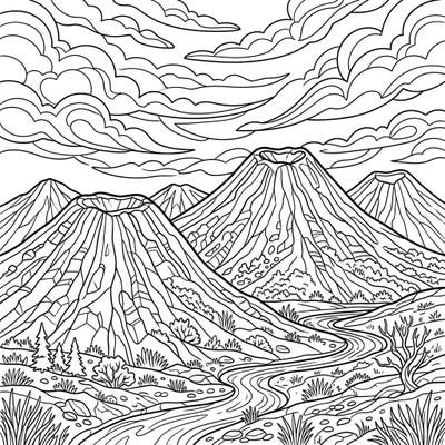 Unleash your creativity with this stunning coloring page featuring a serene landscape of dormant volcanoes. Discover the quiet power of nature as you bring these geological giants to vibrant life.