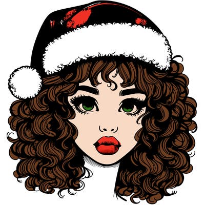 realistic girl with a santa hat curly hair and lips
