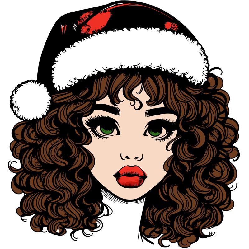 realistic girl with a santa hat curly hair and lips