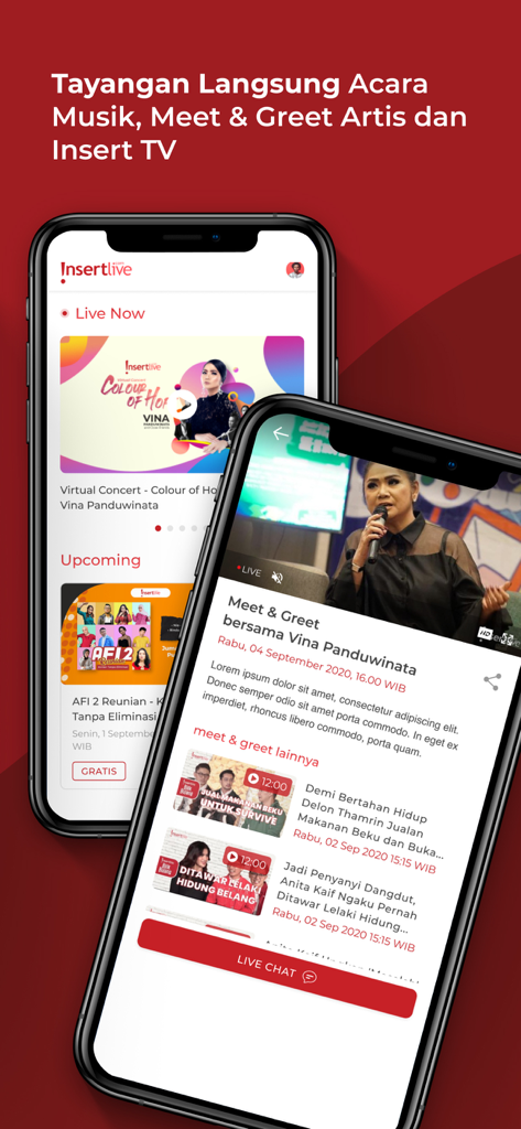 InsertLive mobile app interface showing live streaming of music events and celebrity meet and greets.