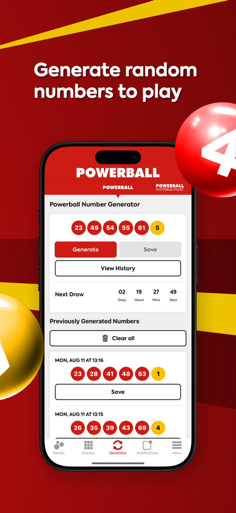 Interface de l'application Loterie Powerball présentant l'outil de générateur de numéros aléatoires pour les joueurs.