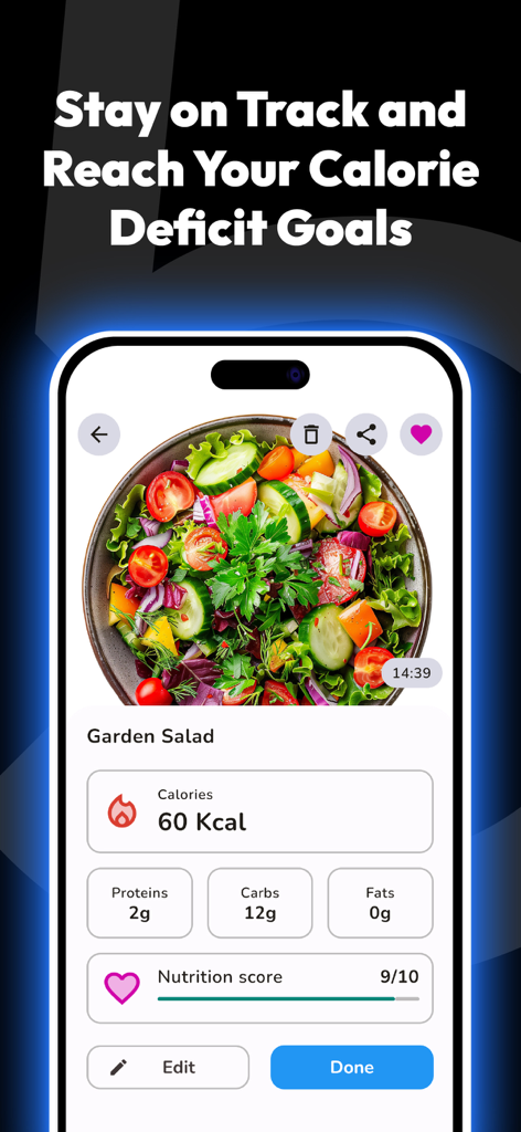 Simple AI Calorie Counter - BiteAI app interface showing calorie count and nutrition score for a garden salad