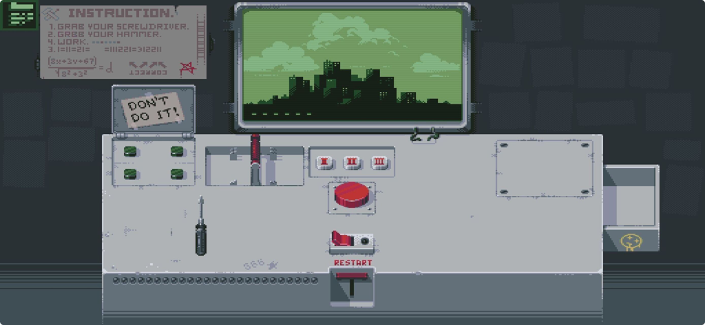 Please, Don't Touch Anything - Pixel art control panel with a red button and monitor showing a city skyline in the game Please Dont Touch Anything