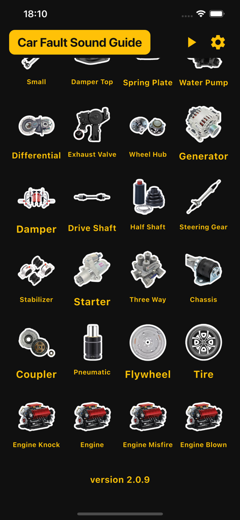 Grid interface of the Car Fault Sound Guide app showing various car components like engine starter and generator for audio diagnosis