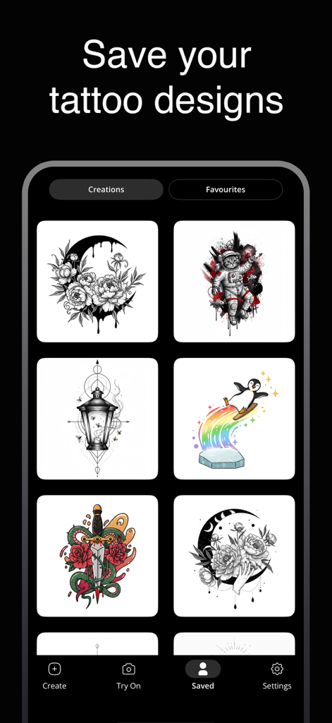 Ink.Art: Tattoo AI Generator - A mobile screen showing a gallery of saved AI-generated tattoo designs including an astronaut cat and floral motifs