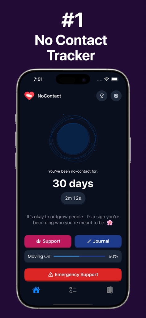 No Contact Tracker app interface showing a 30 day streak and healing progress bar