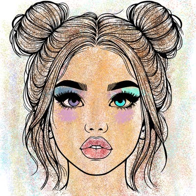 realistic girl with two buns on her hair and lips