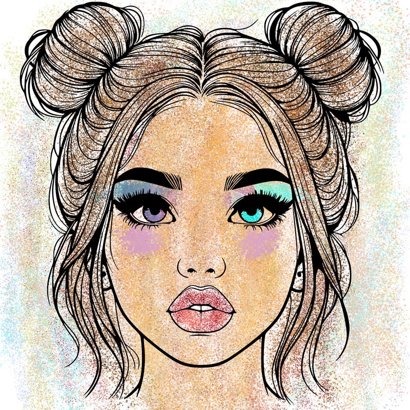 realistic girl with two buns on her hair and lips
