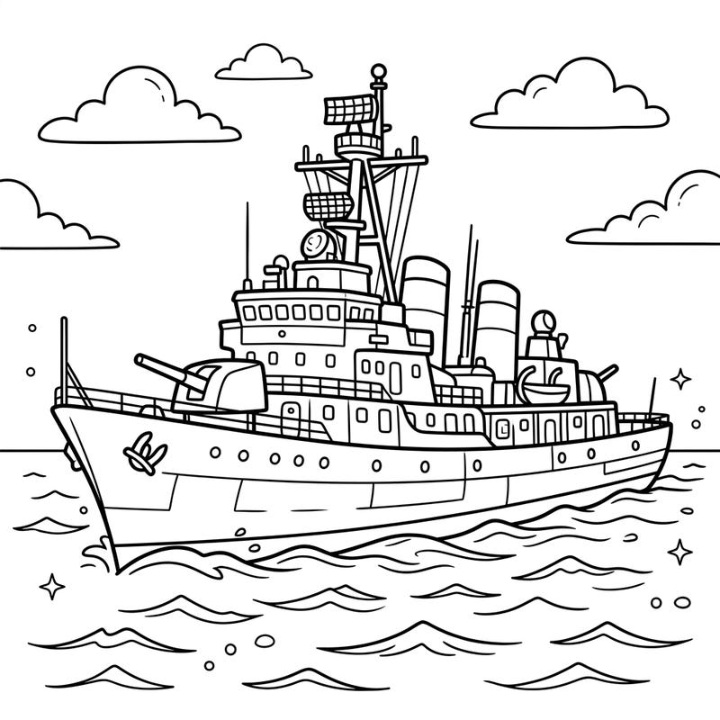 Embark on an exciting coloring journey with this detailed destroyer warship. Perfect for young aspiring sailors, it features a powerful naval vessel ready for action on the open sea.