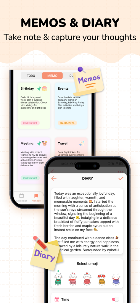 Mobile app interface showing memos and diary features with colorful notes and mood tracking emojis