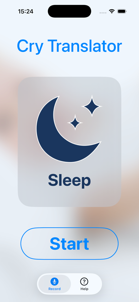 Cry Translator - Interface of the Cry Translator app showing the sleep mode with a moon and stars icon and a start button.
