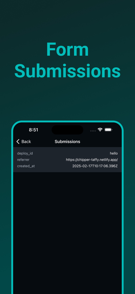 Dashify for Netlify.com - Dashify モバイルアプリインターフェースに iPhone 上の Netlify フォーム送信詳細が表示されています