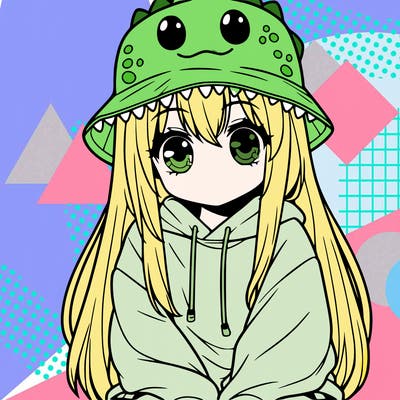 girl with anime shaped eyes with a dinosaur bucket hat oversized sweatshirt long straight hair