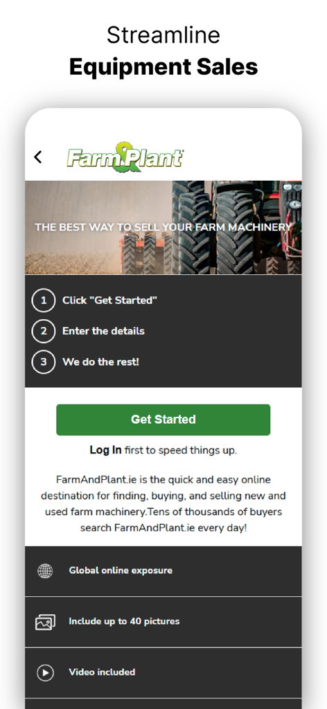 Farm And Plant - Captura de pantalla de la aplicación Farm and Plant que muestra un proceso de tres pasos para vender maquinaria agrícola con un botón para empezar.