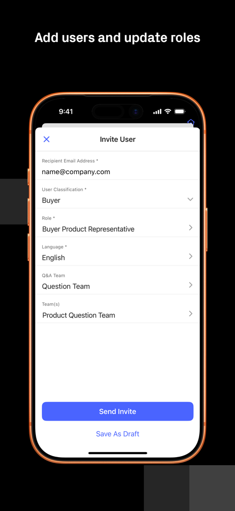 Tela do aplicativo Datasite para convidar um novo usuário e atribuir funções e equipes para transações de M&A