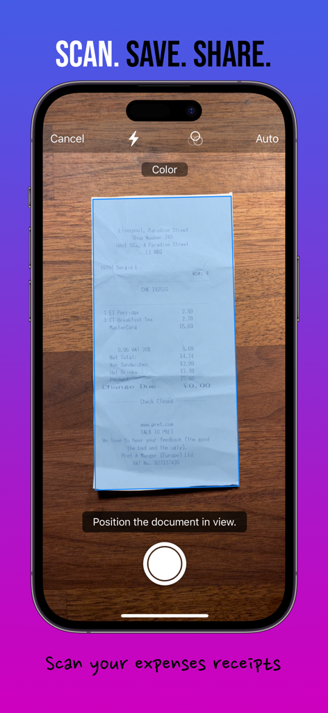 Screenshot of the Receipts Scanner app interface scanning a paper receipt