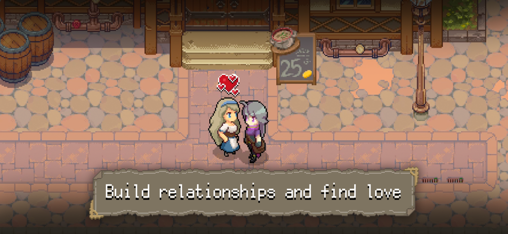 Potion Permit - Pixel art characters in Potion Permit with hearts above them and the text Build relationships and find love