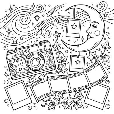 Unleash your creativity with this enchanting coloring page blending the art of photography with the mystique of a starry night. Featuring vintage cameras, film, and a whimsical crescent moon, it's perfect for adult and teen colorists.