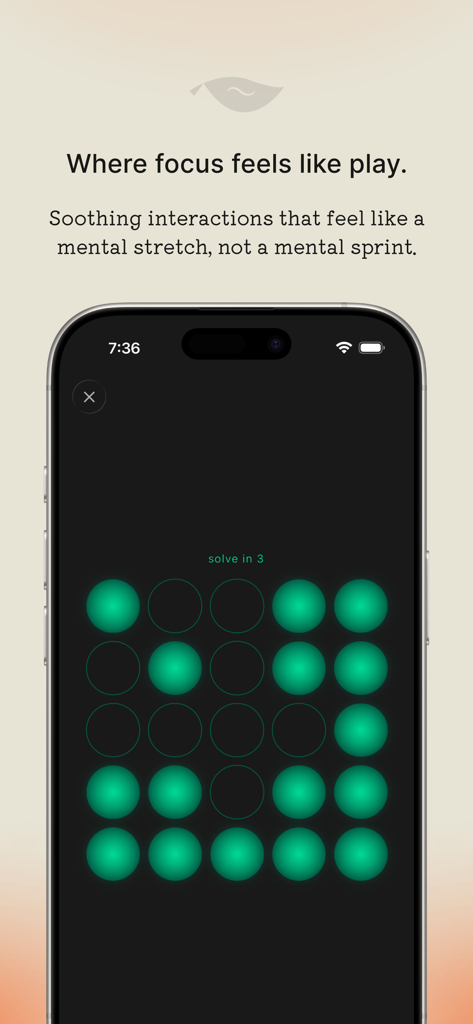 fidgy ~ mindful play - A smartphone screen showing a grid of glowing green spheres in the fidgy app for mindful play