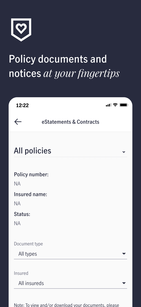 Manulife Singapore mobile app interface for viewing eStatements and insurance policy documents