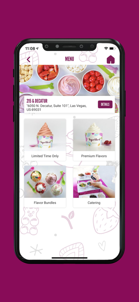 Yogurtland - Yogurtland app menu interface showing categories for limited time only flavors premium flavors flavor bundles and catering options