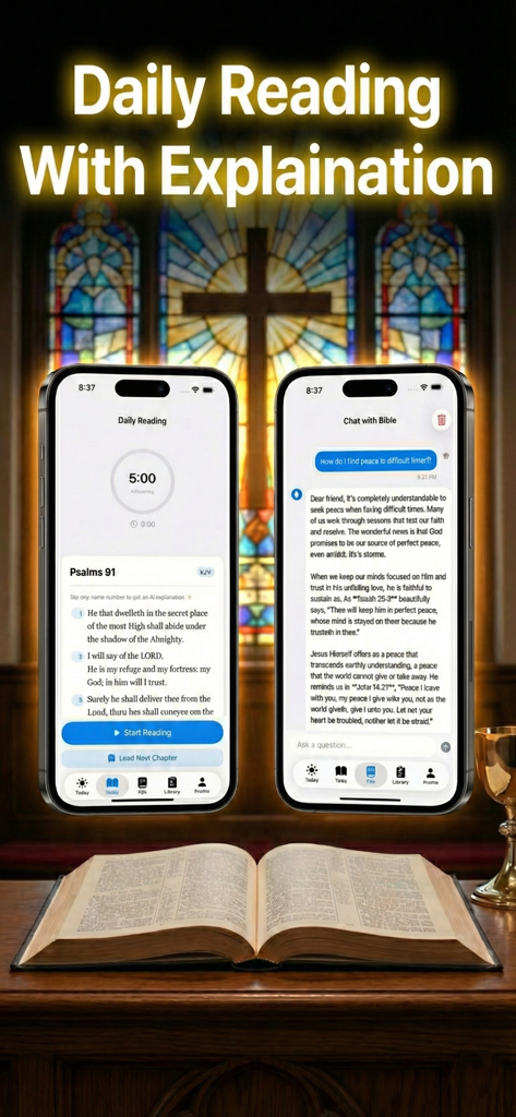 Bible Widget: Verses & AI Chat - Interfaz de lectura diaria y chat de IA de la aplicación Biblia Widget.