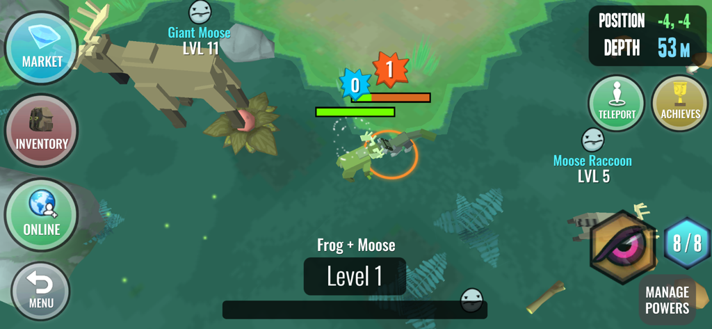 Hybrid Animals - Una escena de batalla en Hybrid Animals que muestra a una criatura fusión de rana y alce luchando contra otros híbridos en un mundo de polígono bajo.