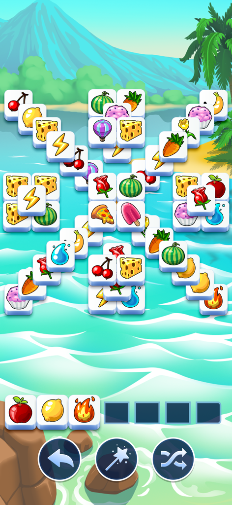 Tile Club - Matching Game - Gameplay des Tile Club Matching Games mit verschiedenen bunten Kacheln auf einem tropischen Strandhintergrund.
