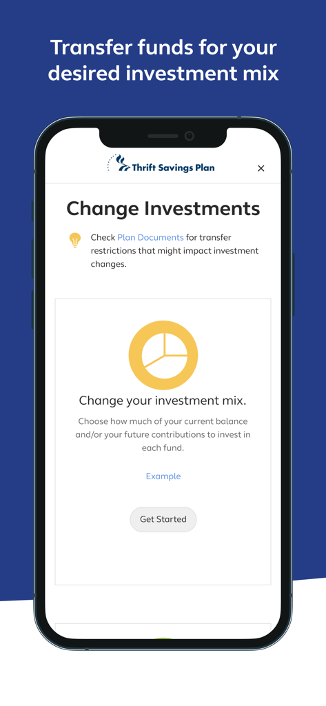 Thrift Savings Plan - The Change Investments screen in the Thrift Savings Plan app allowing users to adjust their investment fund mix.