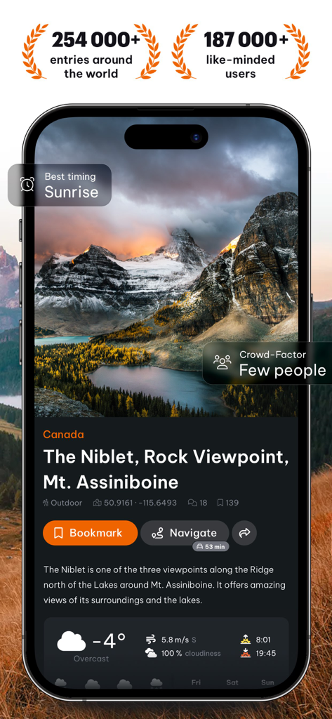 Screenshot of Locationscout app showing details for a mountain photo spot in Canada including sunrise timing and crowd levels