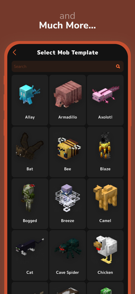A selection of Minecraft mob templates including Allay Armadillo and Axolotl in the app editor