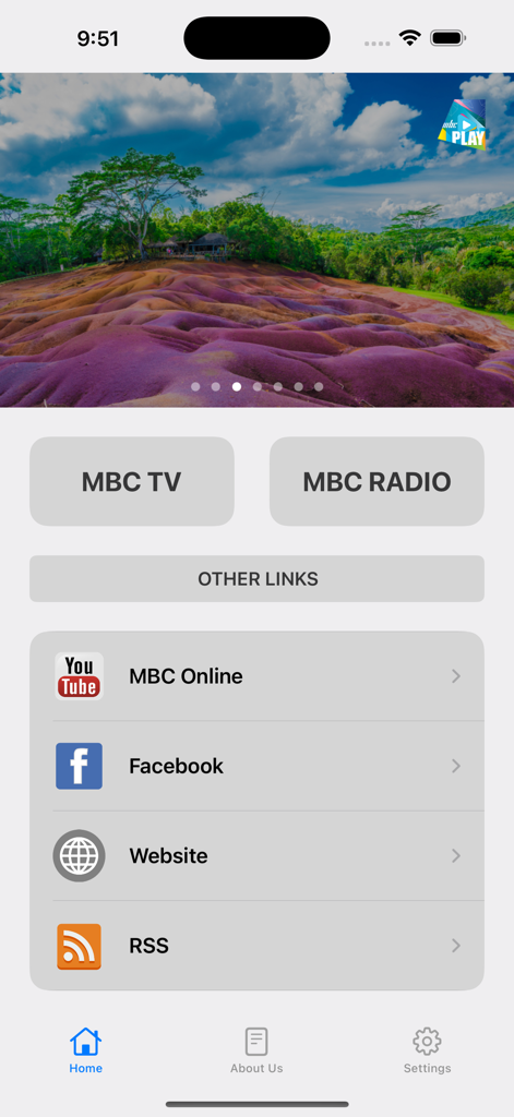 MBC Play - Pantalla de inicio de la aplicación móvil MBC Play que muestra enlaces a TV y radio de Mauricio.