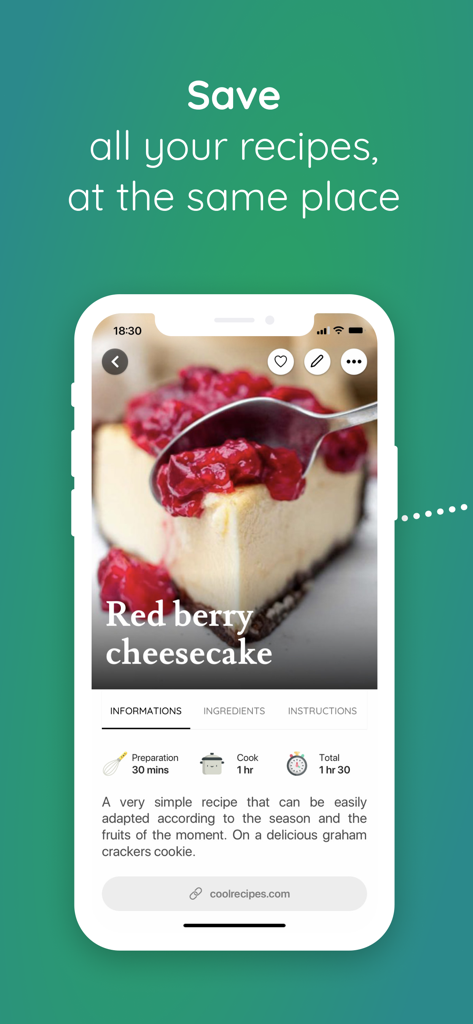 Bergamot - Your recipe manager - Bergamot recipe manager app displaying a red berry cheesecake recipe with preparation and cooking times