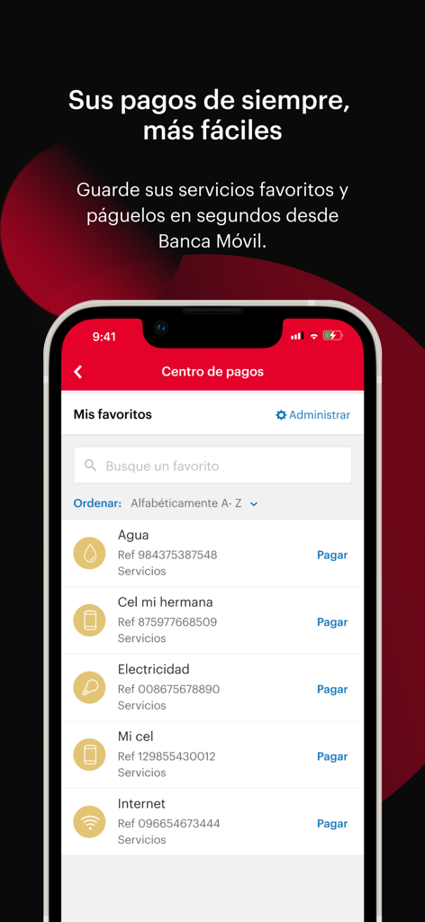 Pantalla del centro de pagos de Banca Movil BAC que muestra servicios favoritos para pagos de facturas como agua y electricidad