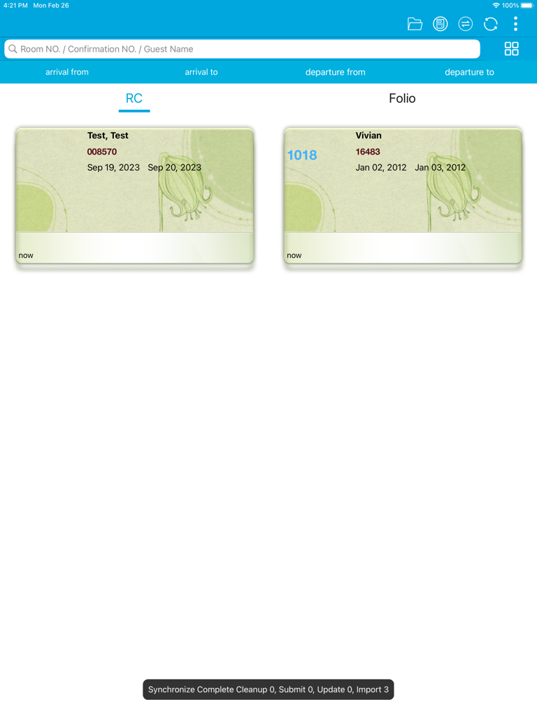 E-Vip - Pantalla de gestión de tarjetas de registro digital de huéspedes en la aplicación hotelera E-Vip