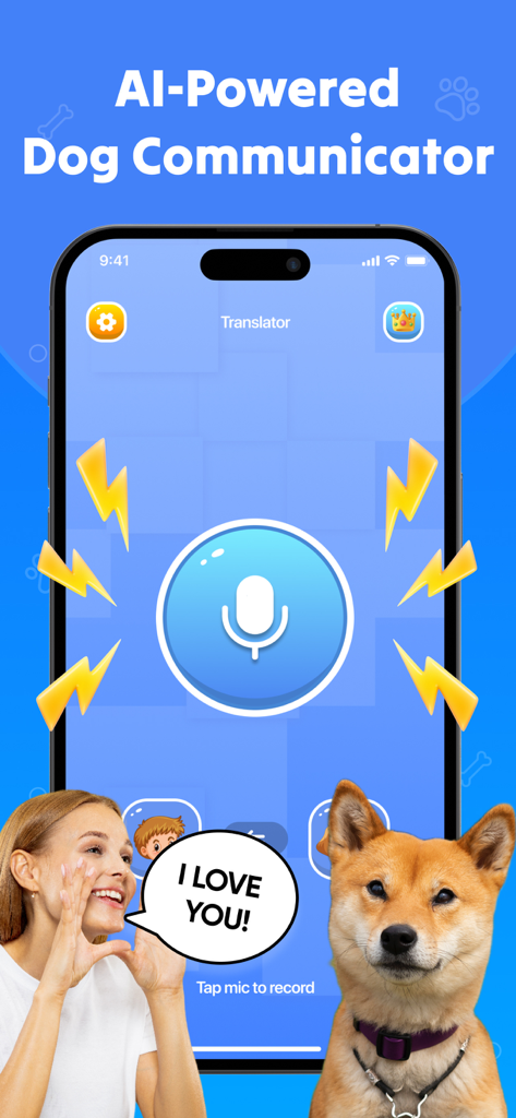 Dog & Human・Barking Games - Screenshot of the AI-powered dog communicator app showing a voice translator interface with a woman and a Shiba Inu