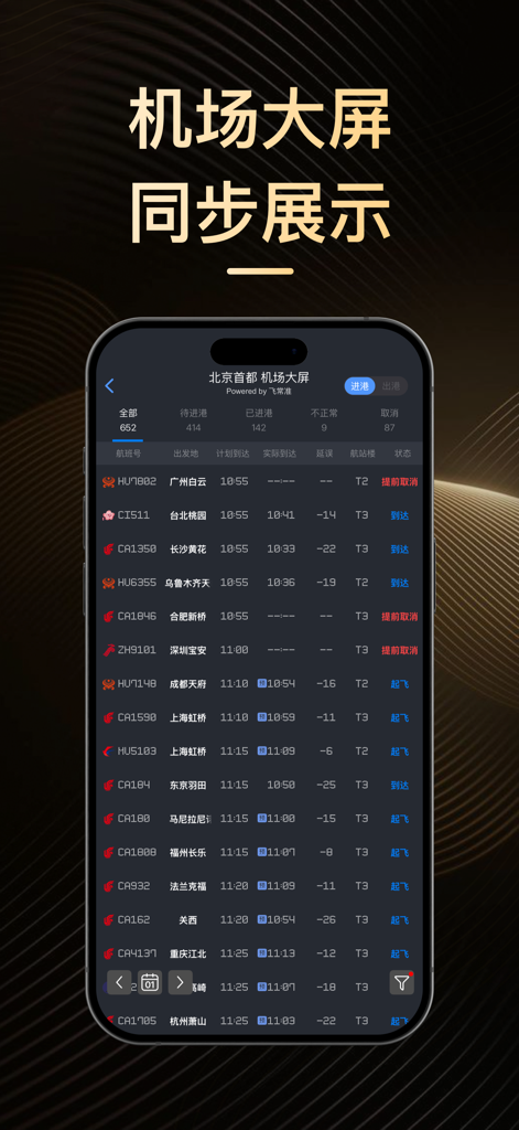 飞常准PRO-全球航班查询机票酒店预订 - VariFlight PRO app screenshot showing a synchronized real-time flight arrival board for Beijing Capital International Airport with flight numbers and status.