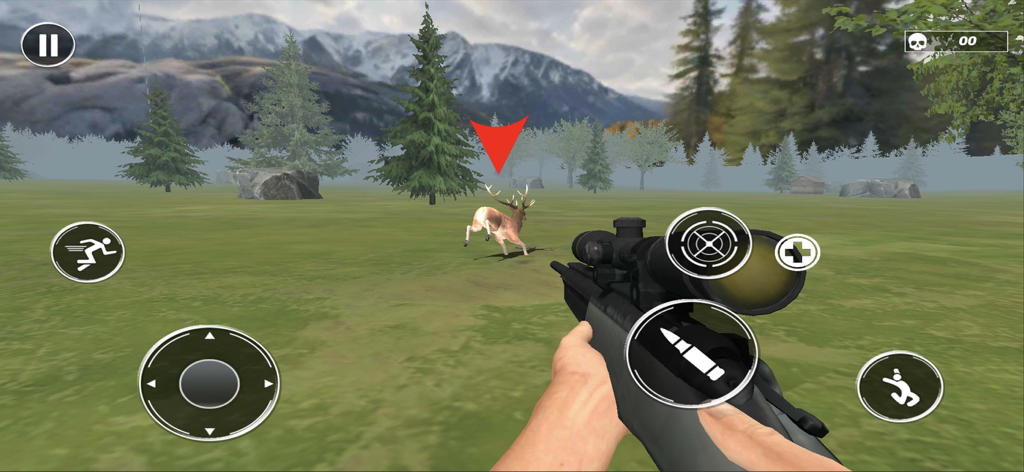 Animal Hunter 3d Hunting Clash - Vista en primera persona de un jugador apuntando un rifle de francotirador a un ciervo en una simulación de caza 3D montañosa.