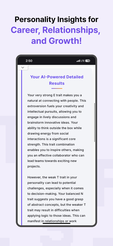 MBTI-Style Test with AI - Smartphone screen displaying AI generated personality test results with insights for career and personal growth.