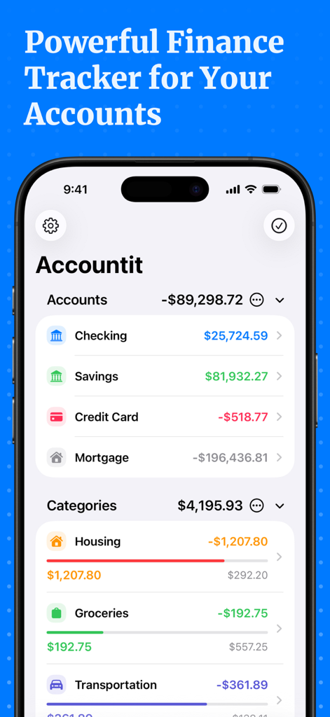 Expenses Tracker - Accountit - Accountit app interface showing checking and savings balances alongside categorized spending like housing and groceries