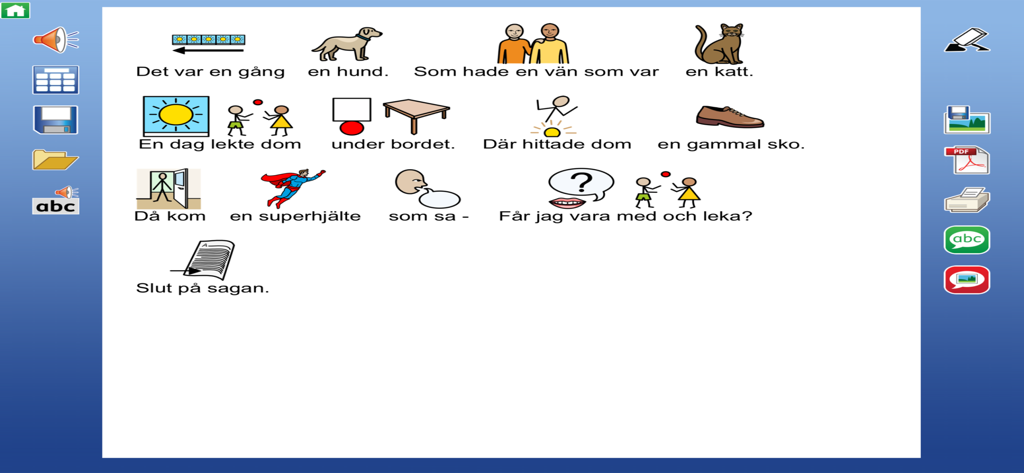 Interface of Widgit Go SE app displaying a story created with communication symbols and text