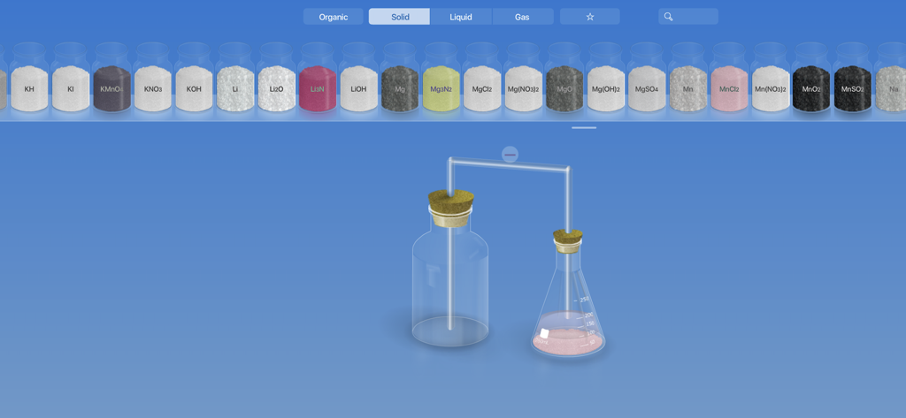 CHEMIST by THIX - Virtual chemistry lab simulation showing chemical reagents and lab glassware apparatus