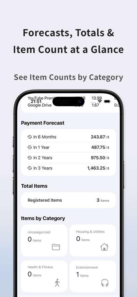 Costly : Subscription Tracker - Costly app interface showing long-term payment forecasts and subscription counts organized by categories.