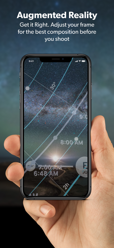 PhotoPills - Smartphone screen showing the PhotoPills augmented reality feature for planning a night sky photo of the Milky Way over a lighthouse