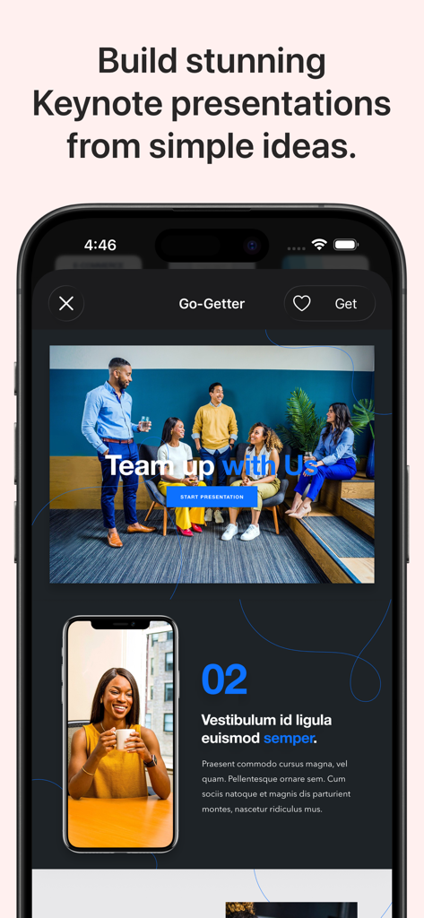 La aplicación Toolbox for iWork mostrando modernas plantillas de presentación de Keynote en la pantalla de un iPhone.