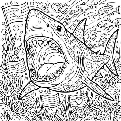Celebrate Pride Month with a roar! This captivating coloring page brings the legendary Megalodon shark to life amidst an underwater spectacle of rainbow flags, hearts, and symbols of love, perfect for an engaging artistic adventure.
