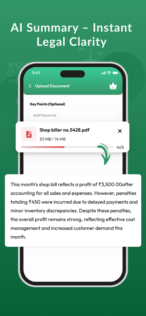 Mobile app interface showing a PDF upload and an instant AI-generated legal summary.